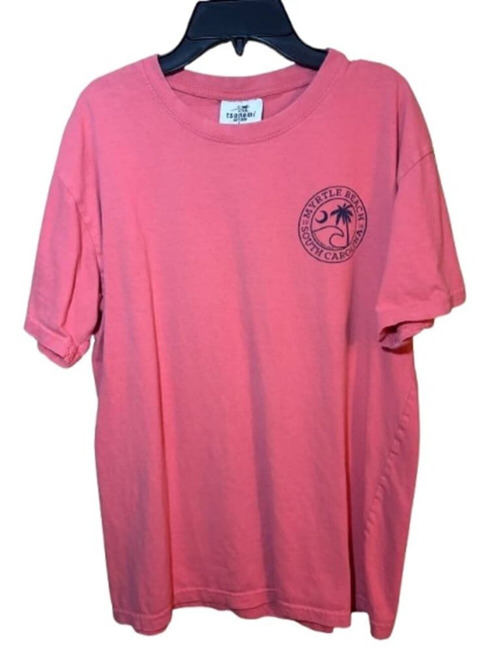 Coral pink t-shirt from Tsunami Surf featuring a Myrtle Beach graphic